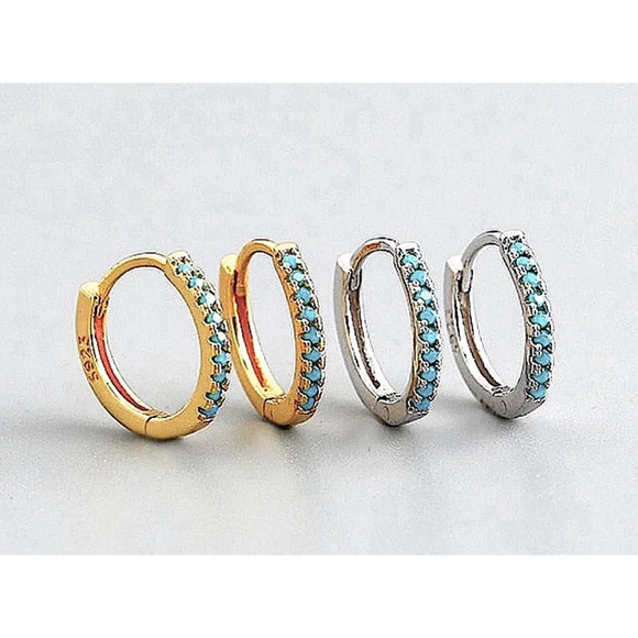 NEW Unisex Men’s Turquoise White Gold Plated S925 Silver Hoop‎ Earrings, 9mm - Picture 5 of 10